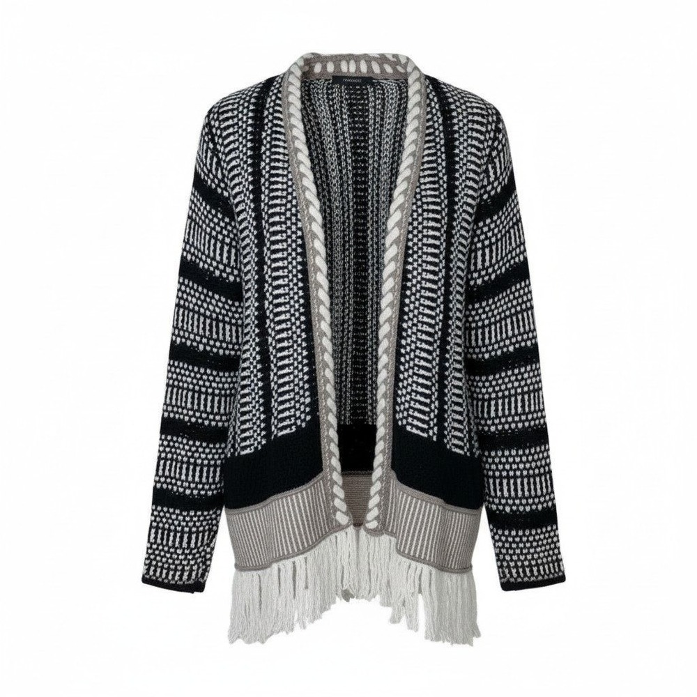 Peruvian Connection Knit Fringe Cardigan Black White Geometric Boho Open Front S